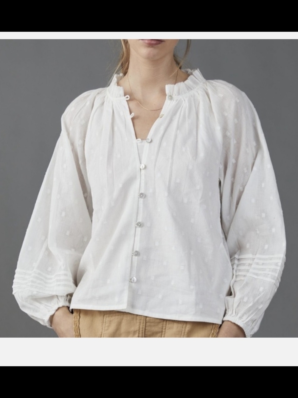 Cleobella White Swiss Dot Button-Up Peasant Blouse